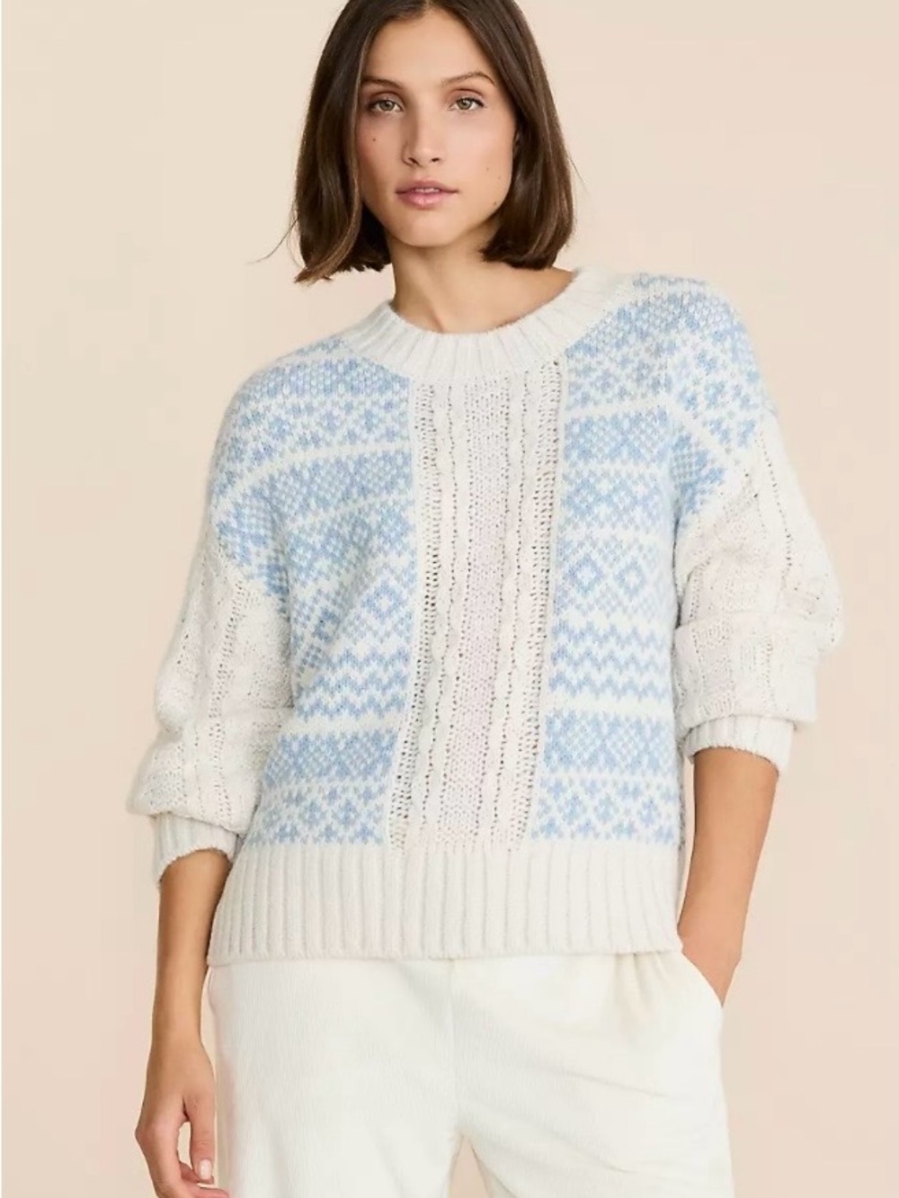 Lou & Grey Cream and Light Blue Fair Isle Crewneck Sweater NWT